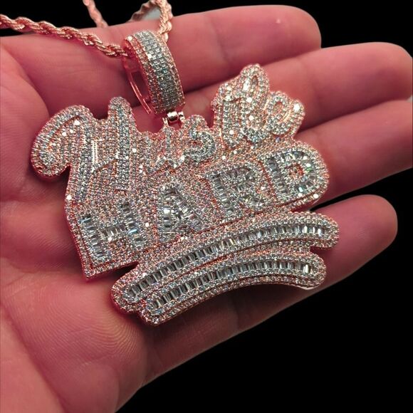 14K Rose Gold Finish Hustle Hard - Free 24inch x 3mm Rope Chain. - Picture 8 of 8